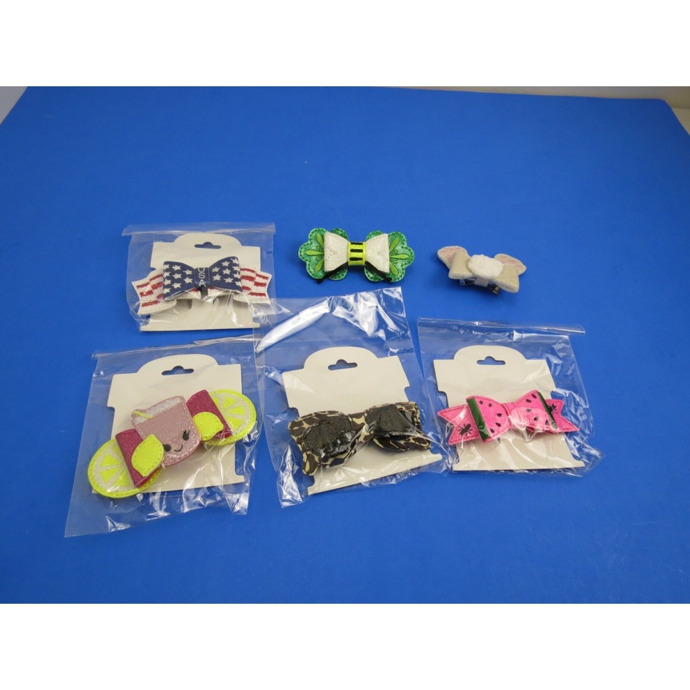 Lot of 6 Holiday Bowtie Hair Ribbon Barrette Handmade USA Flag Watermelon Bunny